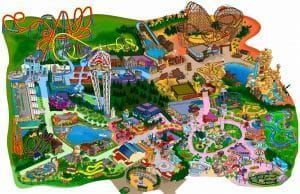 plano del parque temático con multitud de atraciones y espectáculos para toda la familia
